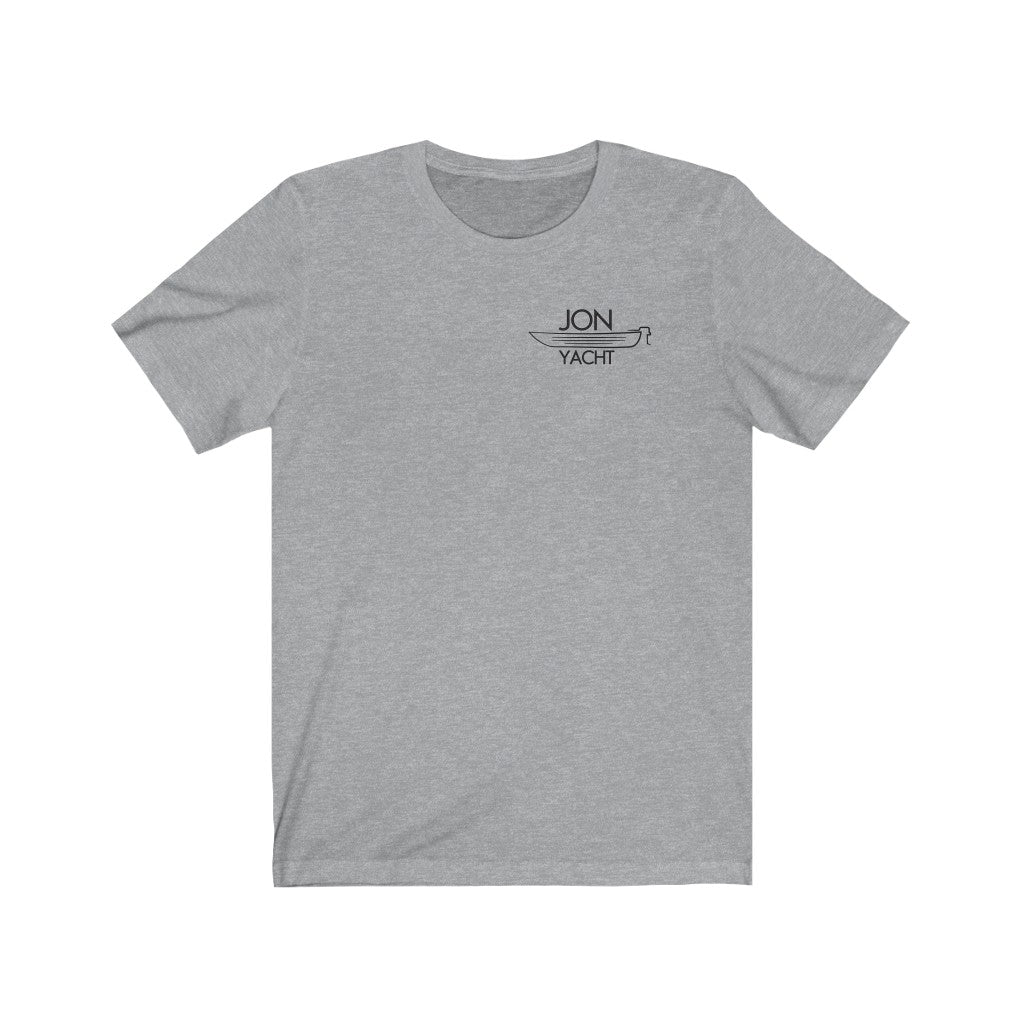 Gray short-sleeve tee with "JON YACHT" text and boat graphic on the left chest.