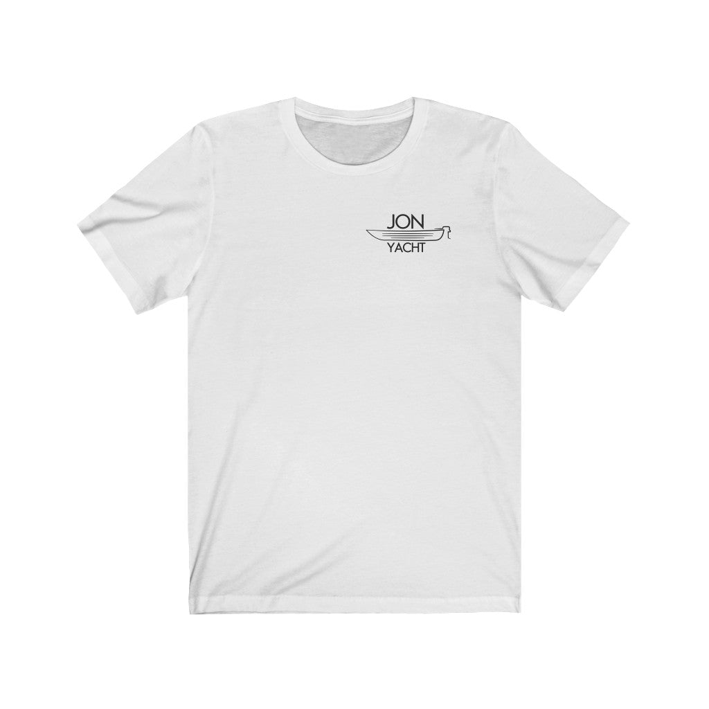 White cotton short sleeve tee with "JON YACHT" and boat graphic on left chest.