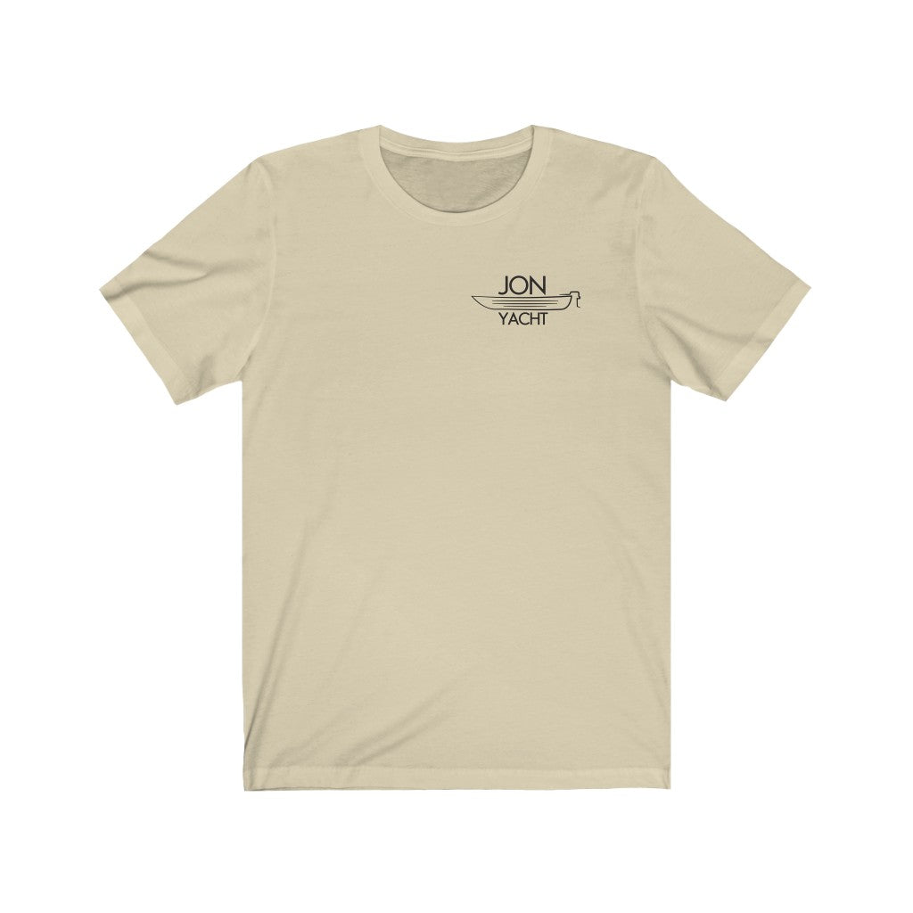 Tan short-sleeve t-shirt with "JON YACHT" and a boat graphic in black on the left chest.