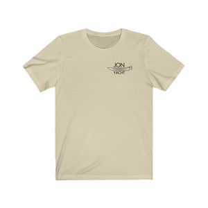 Tan short-sleeve t-shirt with "JON YACHT" and a boat graphic in black on the left chest.