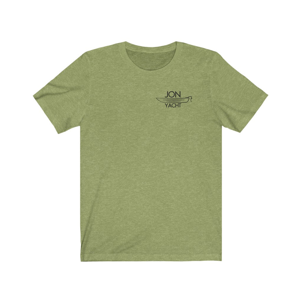 Olive green cotton t-shirt with "JON YACHT" and a boat graphic on the left chest.