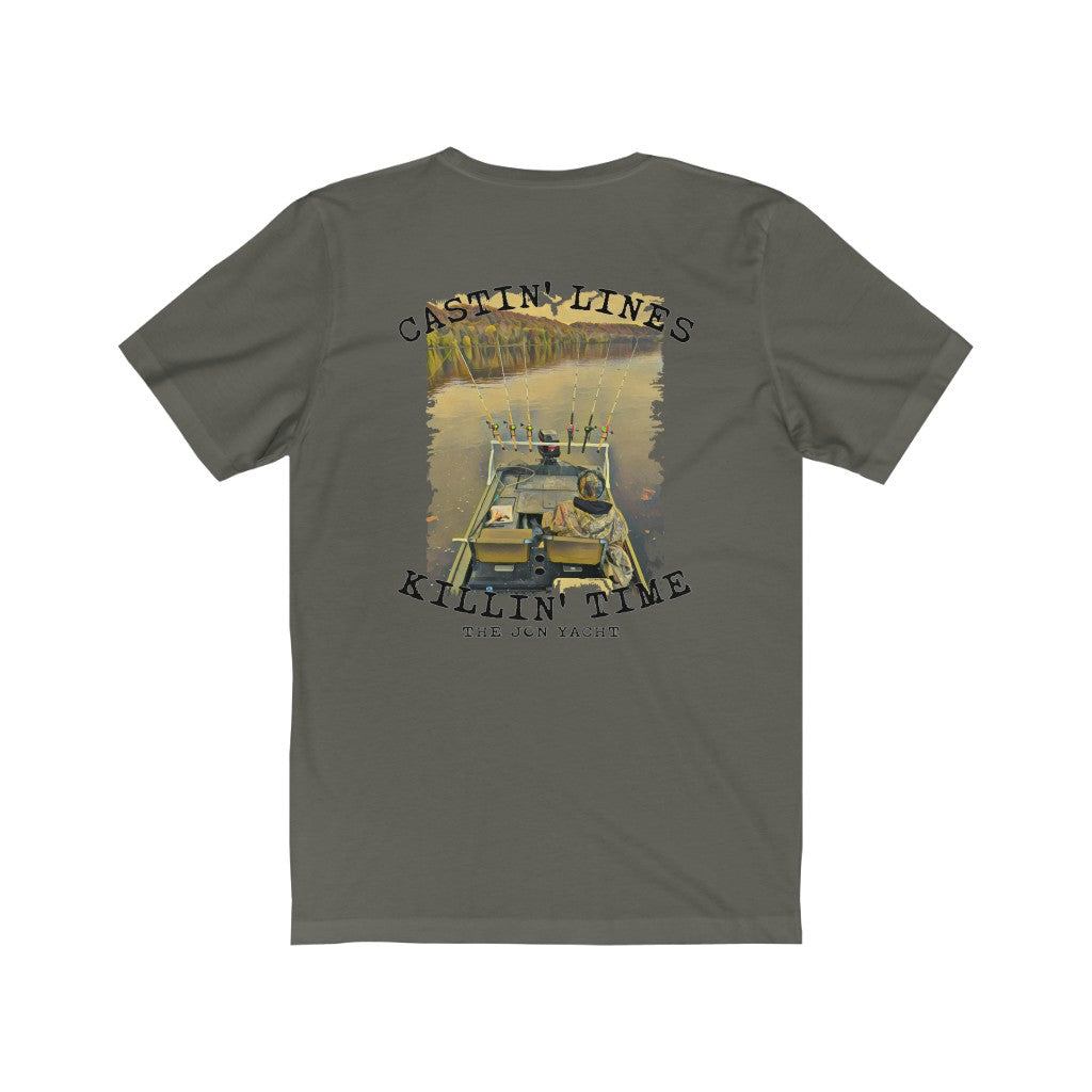 Charcoal grey cotton tee with "Castin' Lines Killin' Time" text and a fishing boat graphic.