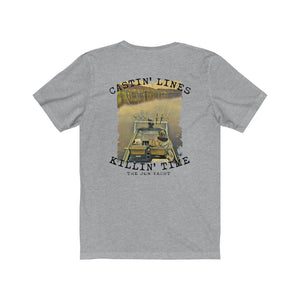 Gray short sleeve t-shirt with "Castin' Lines Killin' Time" text and a fishing boat graphic.