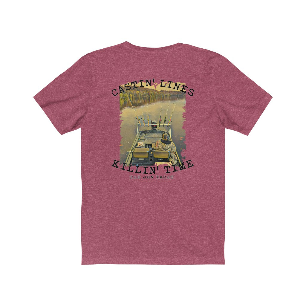 Heather raspberry short sleeve tee with "Castin' Lines Killin' Time" fishing boat graphic.