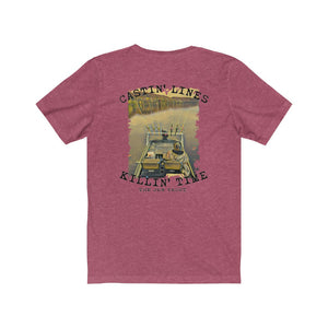 Heather raspberry short sleeve tee with "Castin' Lines Killin' Time" fishing boat graphic.