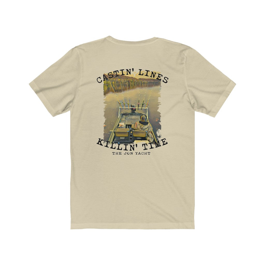 Light beige cotton t-shirt with "Castin' Lines Killin' Time" text and a fishing boat graphic.