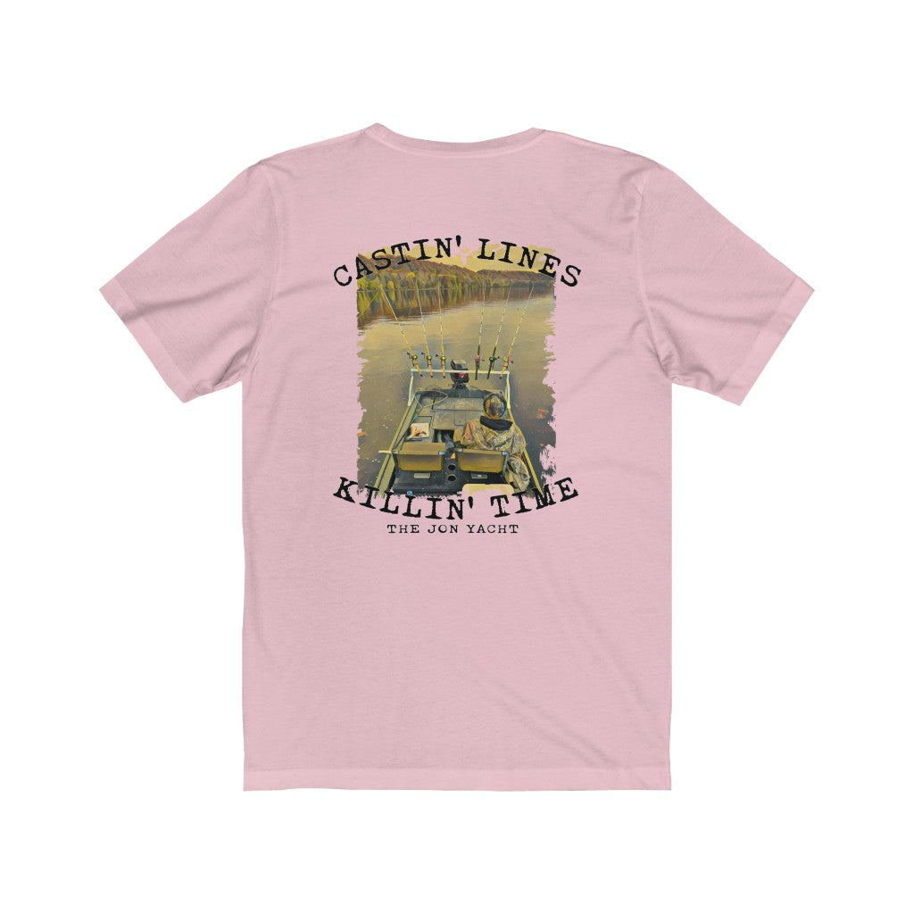 Pink short sleeve t-shirt with "Castin' Lines Killin' Time" text and a fishing boat graphic.