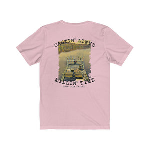 Pink short sleeve t-shirt with "Castin' Lines Killin' Time" text and a fishing boat graphic.