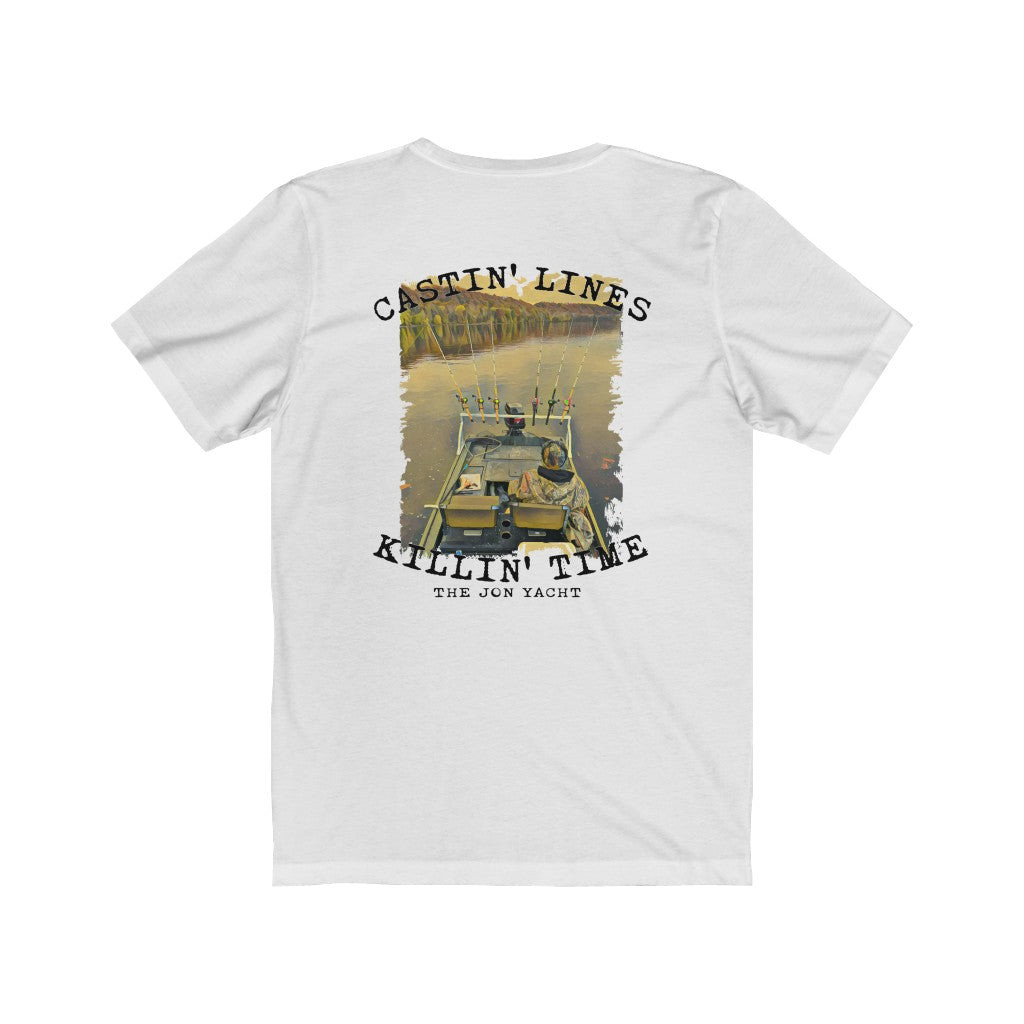 White short sleeve tee with "Castin' Lines Killin' Time" text and a fishing boat graphic.