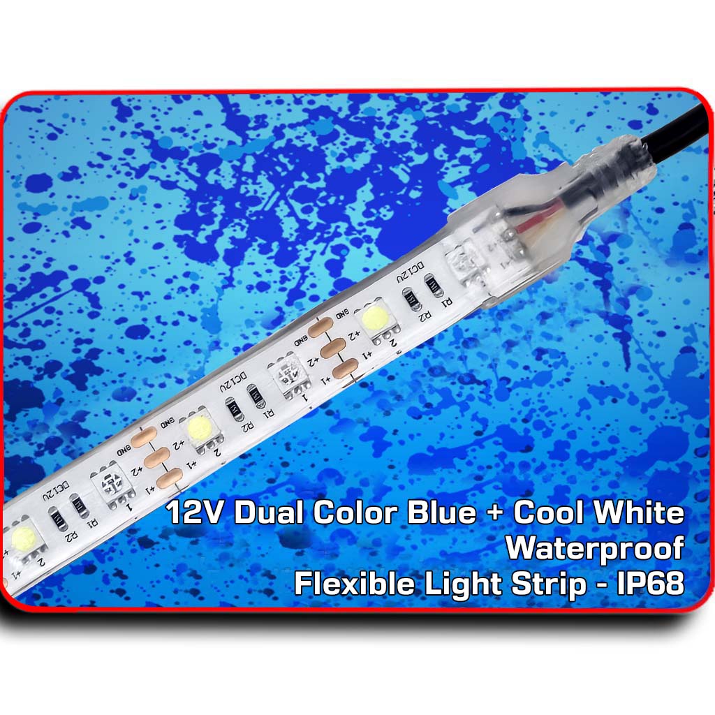Waterproof flexible light strip with visible blue and cool white LEDs, encased in clear silicone.
