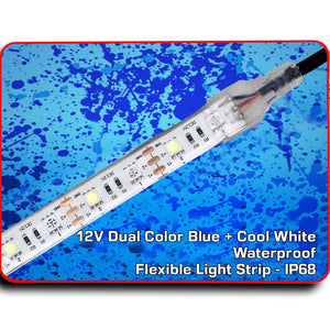 Waterproof flexible light strip with visible blue and cool white LEDs, encased in clear silicone.