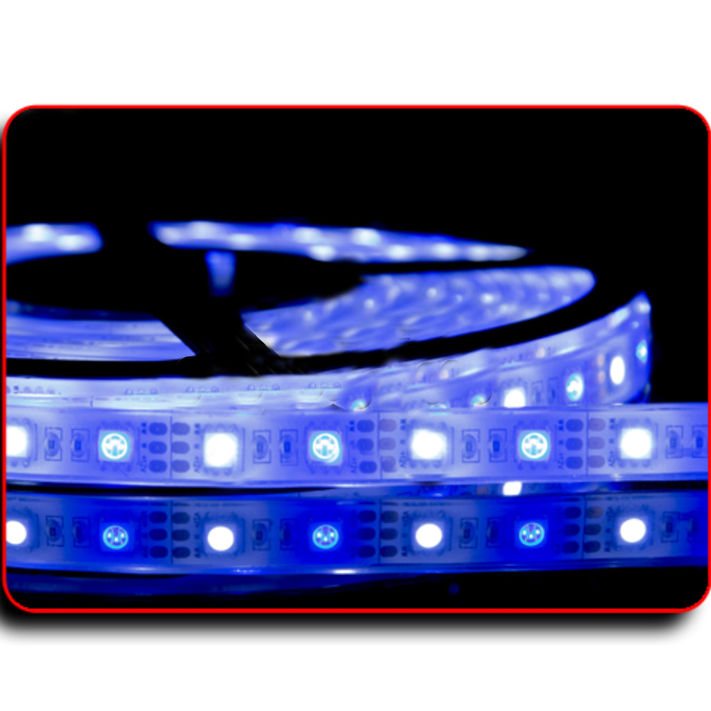 Flexible waterproof LED light strip, glowing with alternating blue and cool white lights against a dark background.
