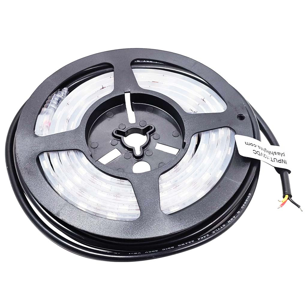 Black reel of waterproof flexible light strip with dual blue and cool white LEDs, 12V.