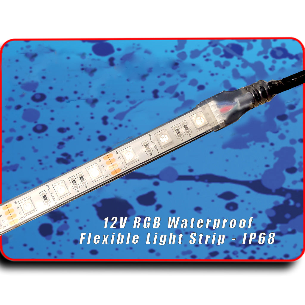 Clear waterproof flexible RGB LED light strip with black wire connector against a blue background.