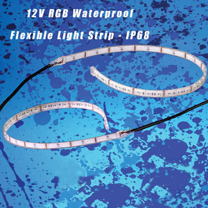 Flexible IP68 waterproof 12V RGB light strip, coiled on a blue background.