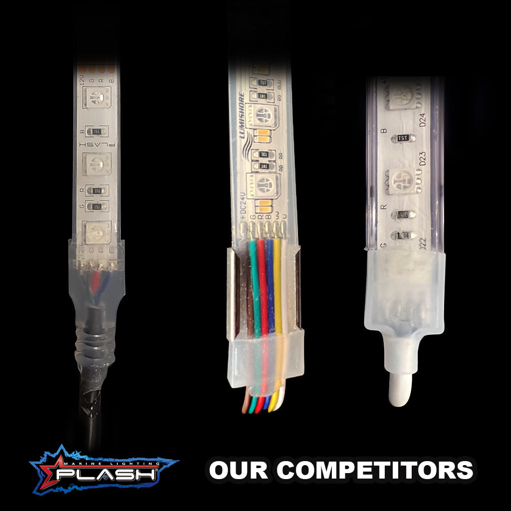 Close-up of three waterproof flexible LED light strips, showing wiring and clear silicone casing.