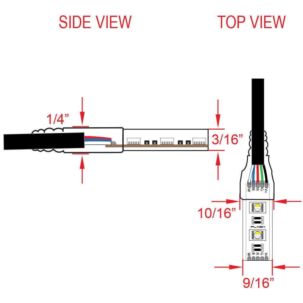 Diagram of a waterproof RGBW LED light strip, showing side and top views with dimensions.