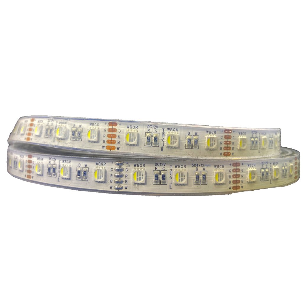 Coiled waterproof RGBW LED light strip with visible individual multi-color and white LEDs.