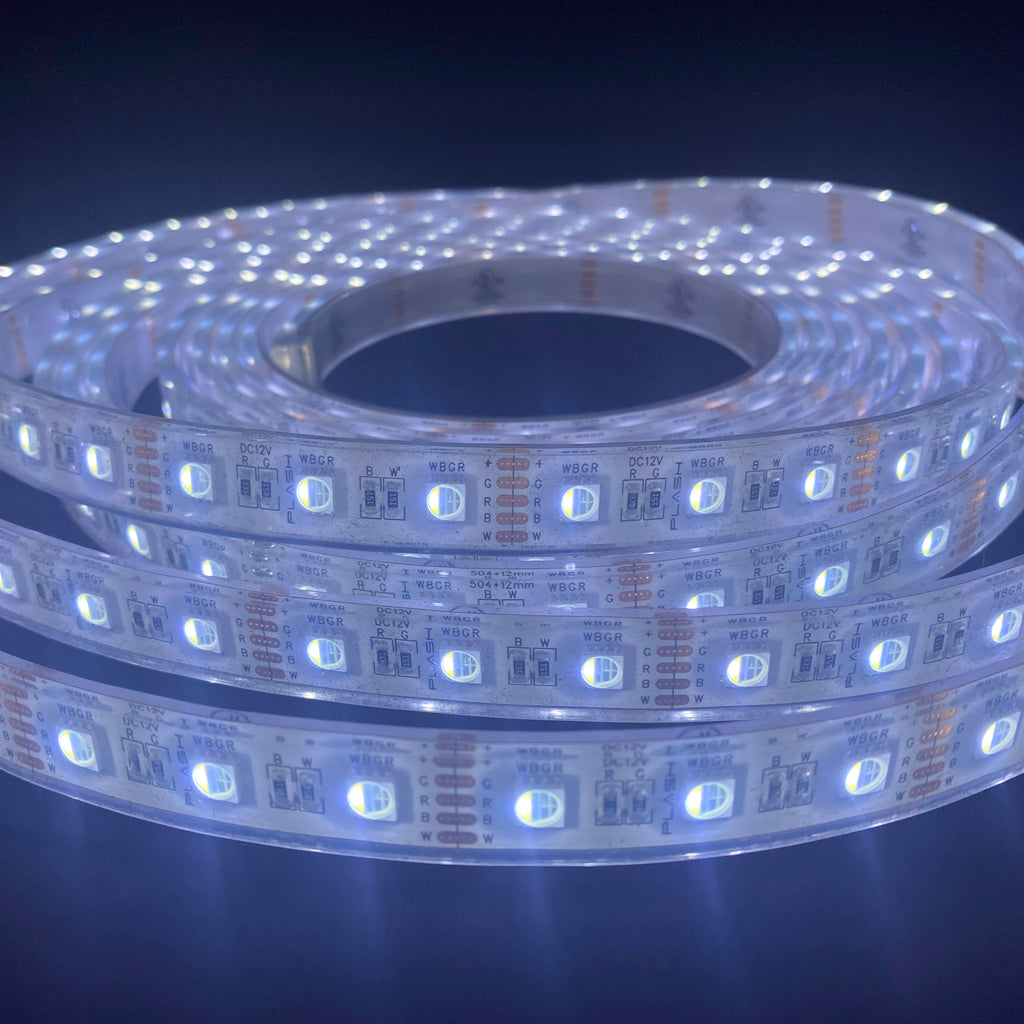 Coiled waterproof RGBW LED light strip with bright white lights, showing individual LEDs and circuit details.