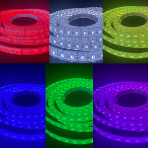 Coiled waterproof RGBW LED light strips glowing red, white, yellow, blue, green, and purple.