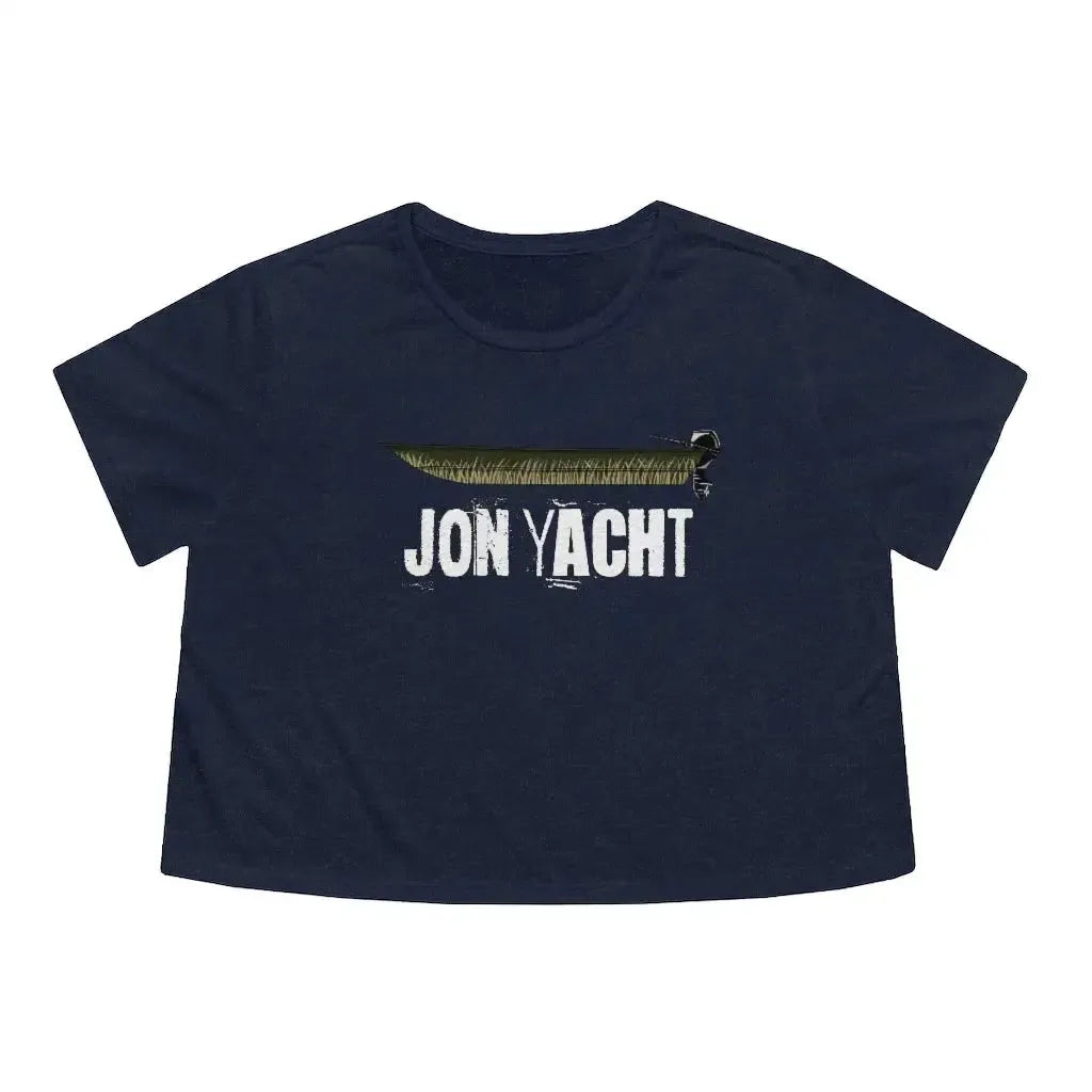 Navy blue women's flowy cropped tee with a "JON YACHT" graphic and a green jon boat design.