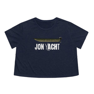 Navy blue women's flowy cropped tee with a "JON YACHT" graphic and a green jon boat design.