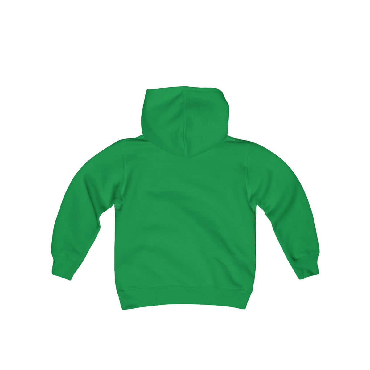 Back view of a green youth heavy blend hooded sweatshirt with long sleeves and a hood.