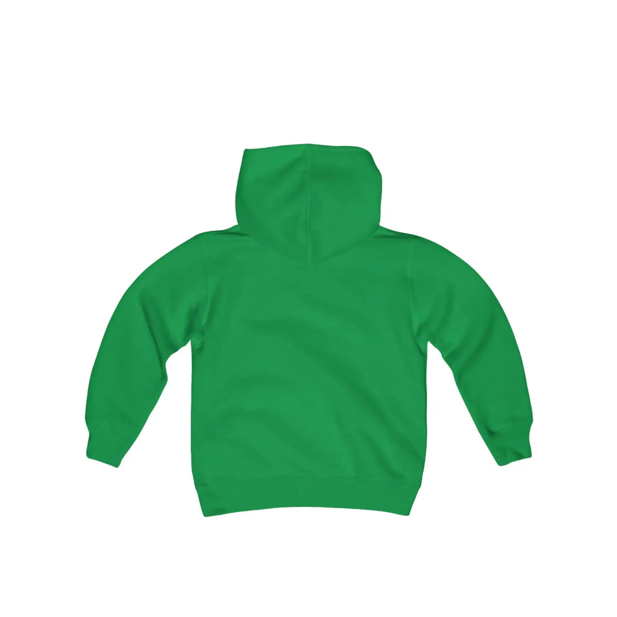 Back view of a green youth heavy blend hooded sweatshirt with long sleeves and a hood.