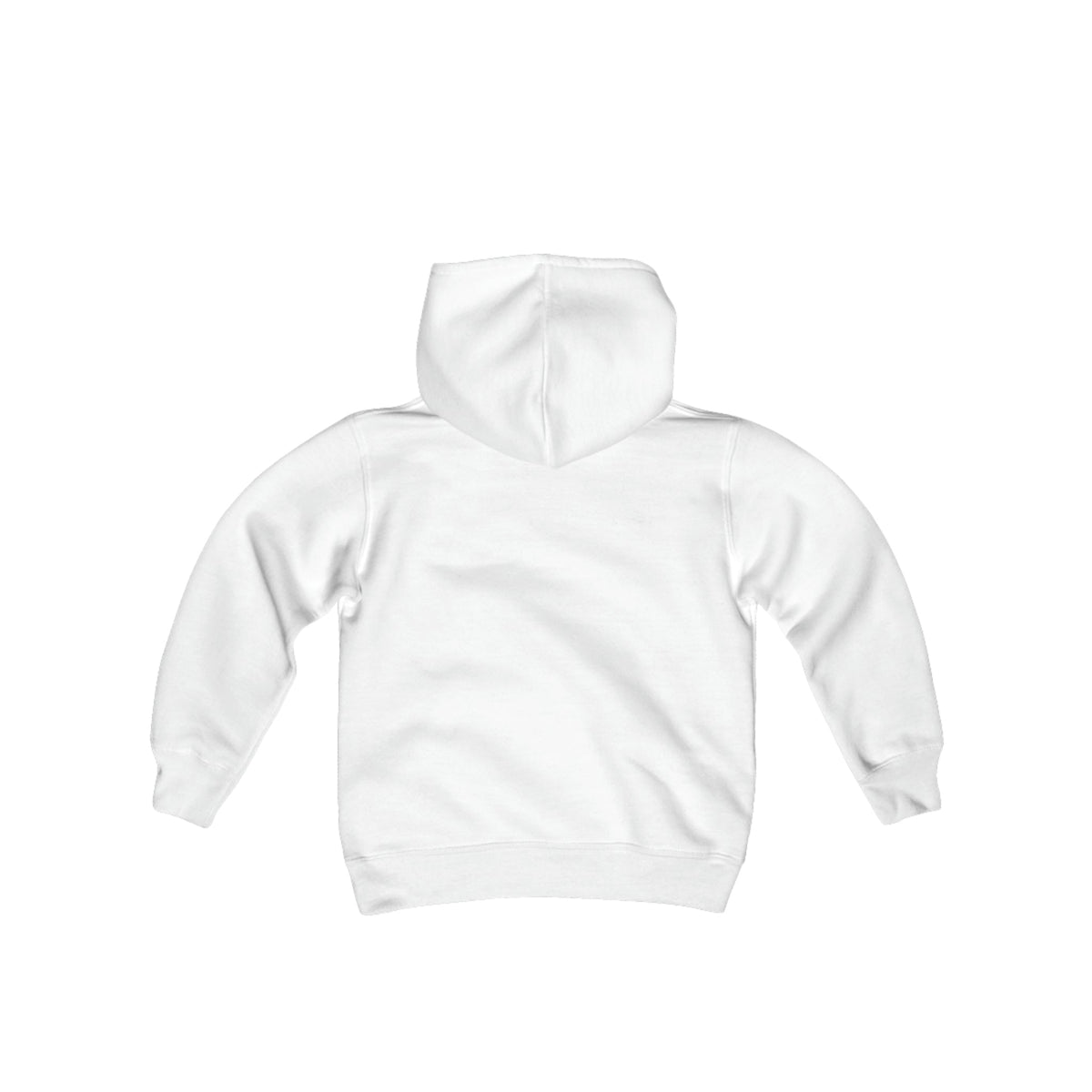Back view of a plain white youth heavy blend hooded sweatshirt with ribbed cuffs and hem.