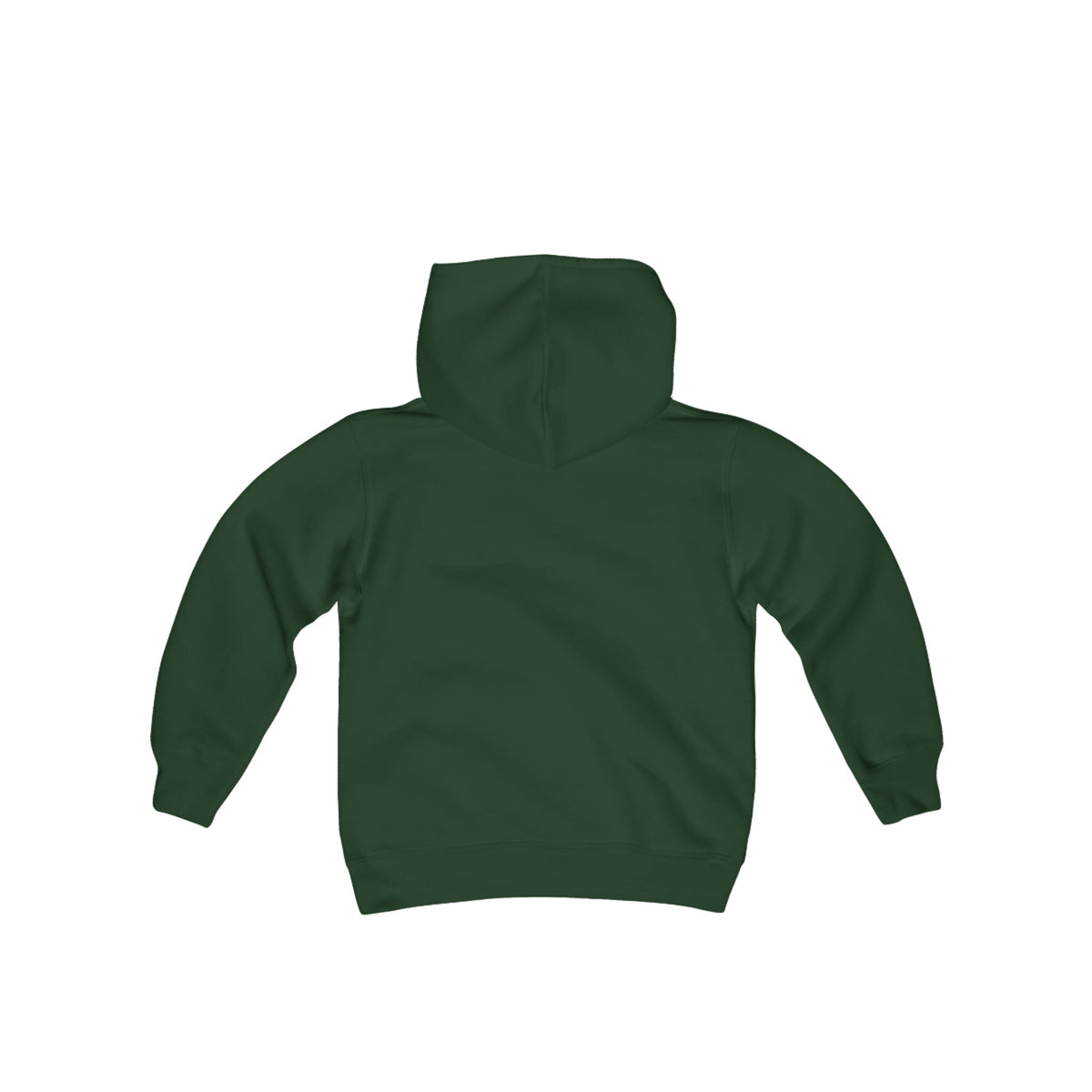 Dark green youth heavy blend hooded sweatshirt, back view, with a spacious hood and ribbed cuffs.