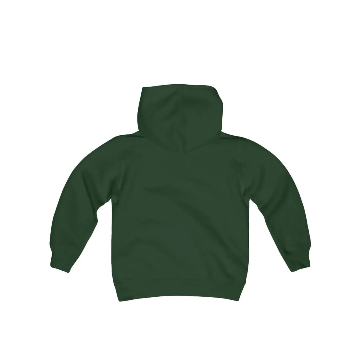 Dark green youth heavy blend hooded sweatshirt, back view, with a spacious hood and ribbed cuffs.
