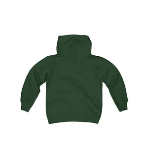 Dark green youth heavy blend hooded sweatshirt, back view, with a spacious hood and ribbed cuffs.