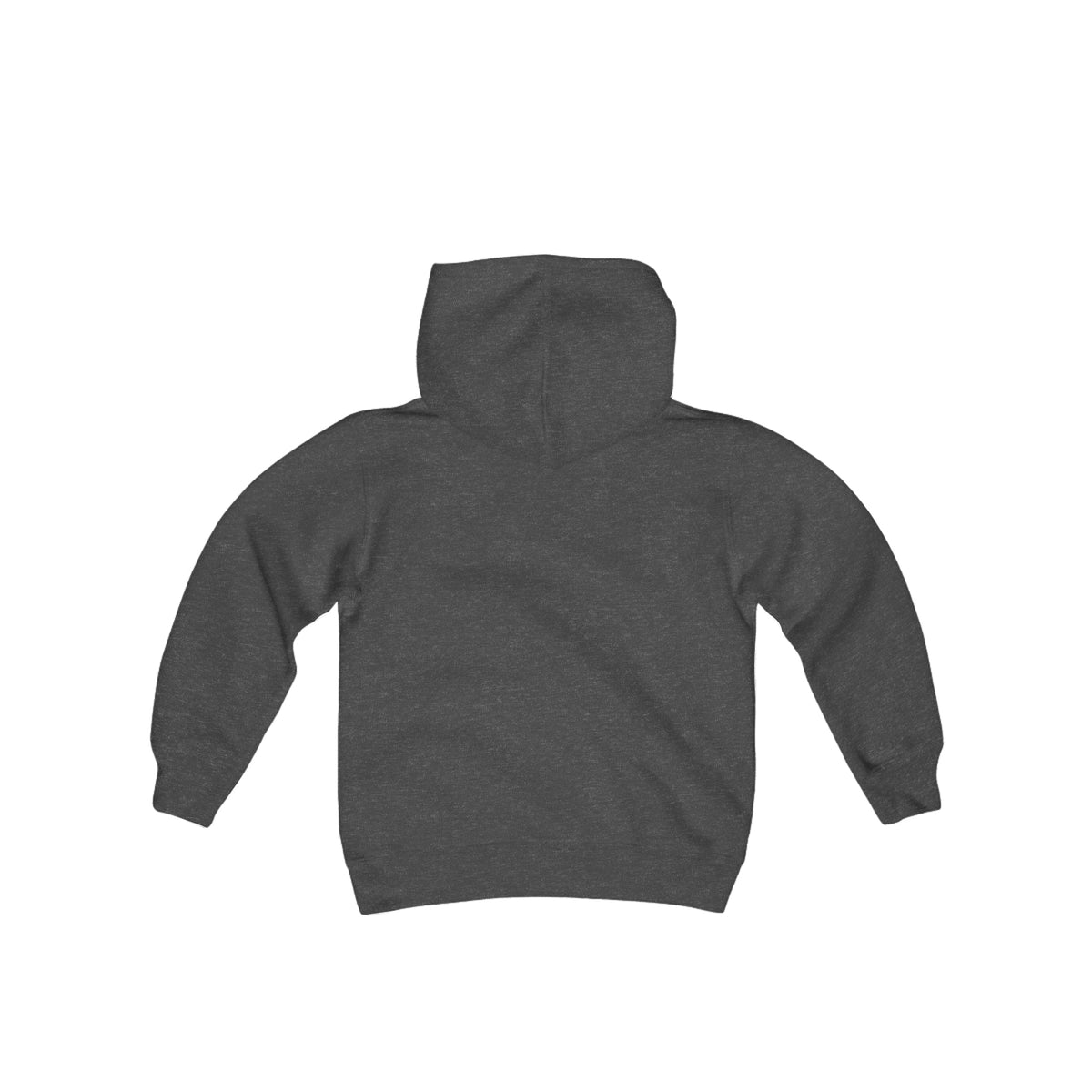 Dark gray youth heavy blend hooded sweatshirt, back view, with a hood and long sleeves.
