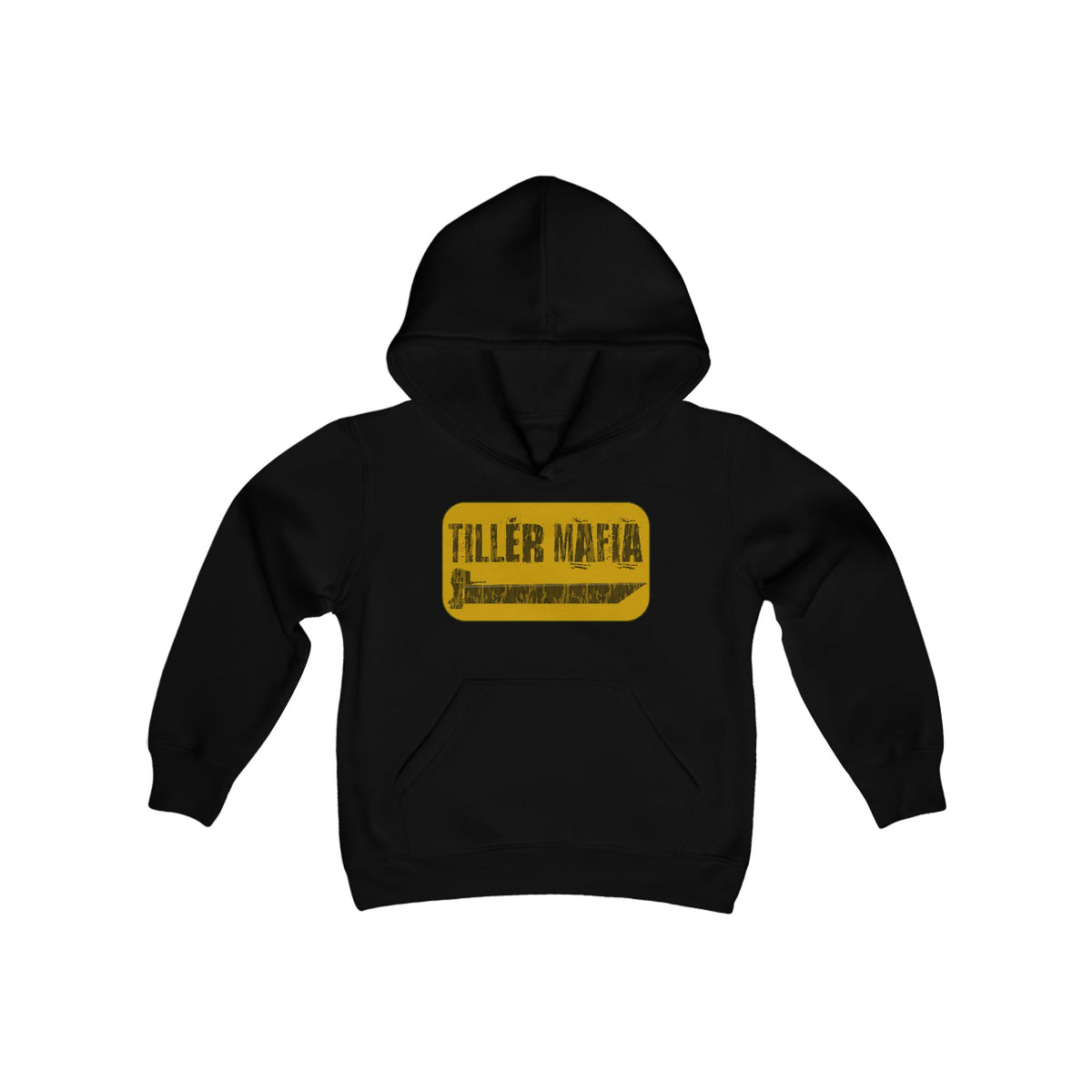 Youth black hooded sweatshirt with "TILLER MAFIA" in a distressed yellow rectangle, kangaroo pocket.