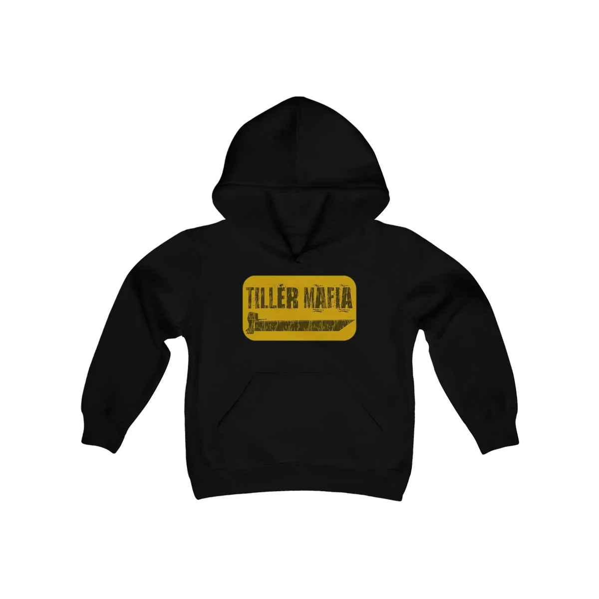 Youth black hooded sweatshirt with "TILLER MAFIA" in a distressed yellow rectangle, kangaroo pocket.