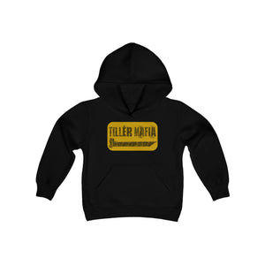 Youth black hooded sweatshirt with "TILLER MAFIA" in a distressed yellow rectangle, kangaroo pocket.