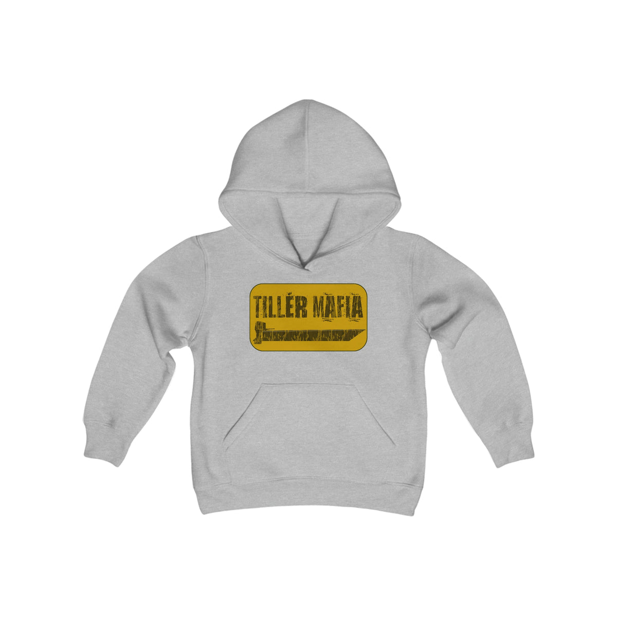 Youth Heavy Blend Hooded Sweatshirt in light gray with a "TILLER MAFIA" graphic and kangaroo pocket.