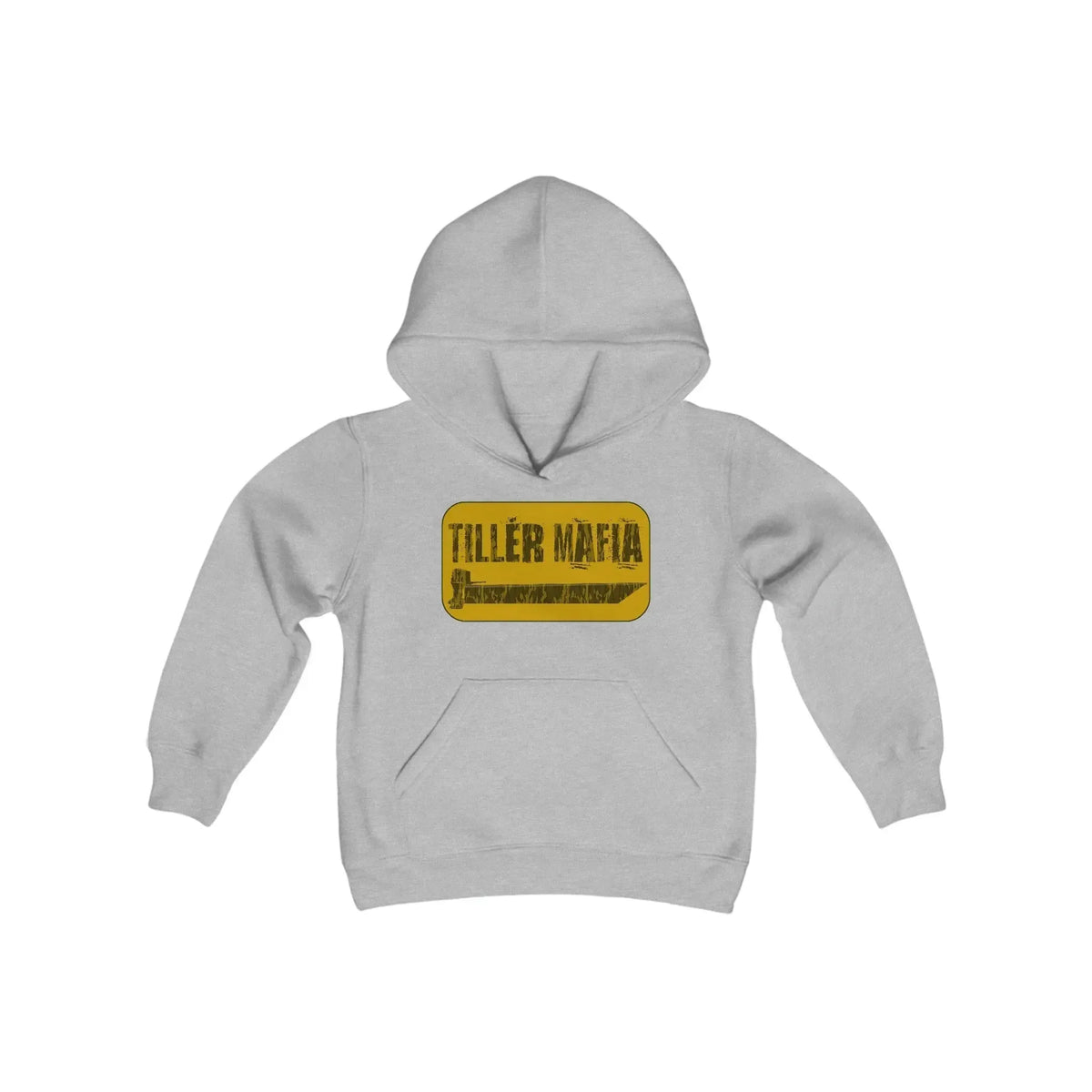 Youth Heavy Blend Hooded Sweatshirt in light gray with a "TILLER MAFIA" graphic and kangaroo pocket.