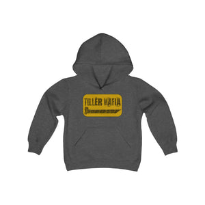 Charcoal gray youth hooded sweatshirt with "TILLER MAFIA" graphic, kangaroo pocket, and ribbed cuffs.
