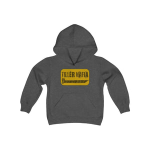 Charcoal gray youth hooded sweatshirt with "TILLER MAFIA" graphic, kangaroo pocket, and ribbed cuffs.