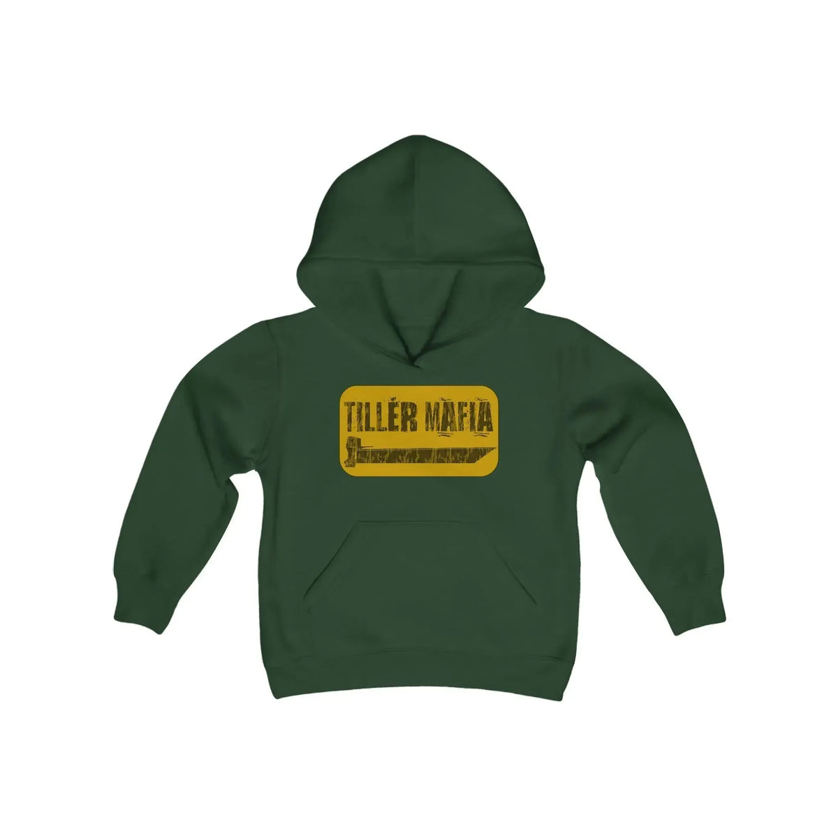Youth forest green hooded sweatshirt with "TILLER MAFIA" graphic and kangaroo pocket.