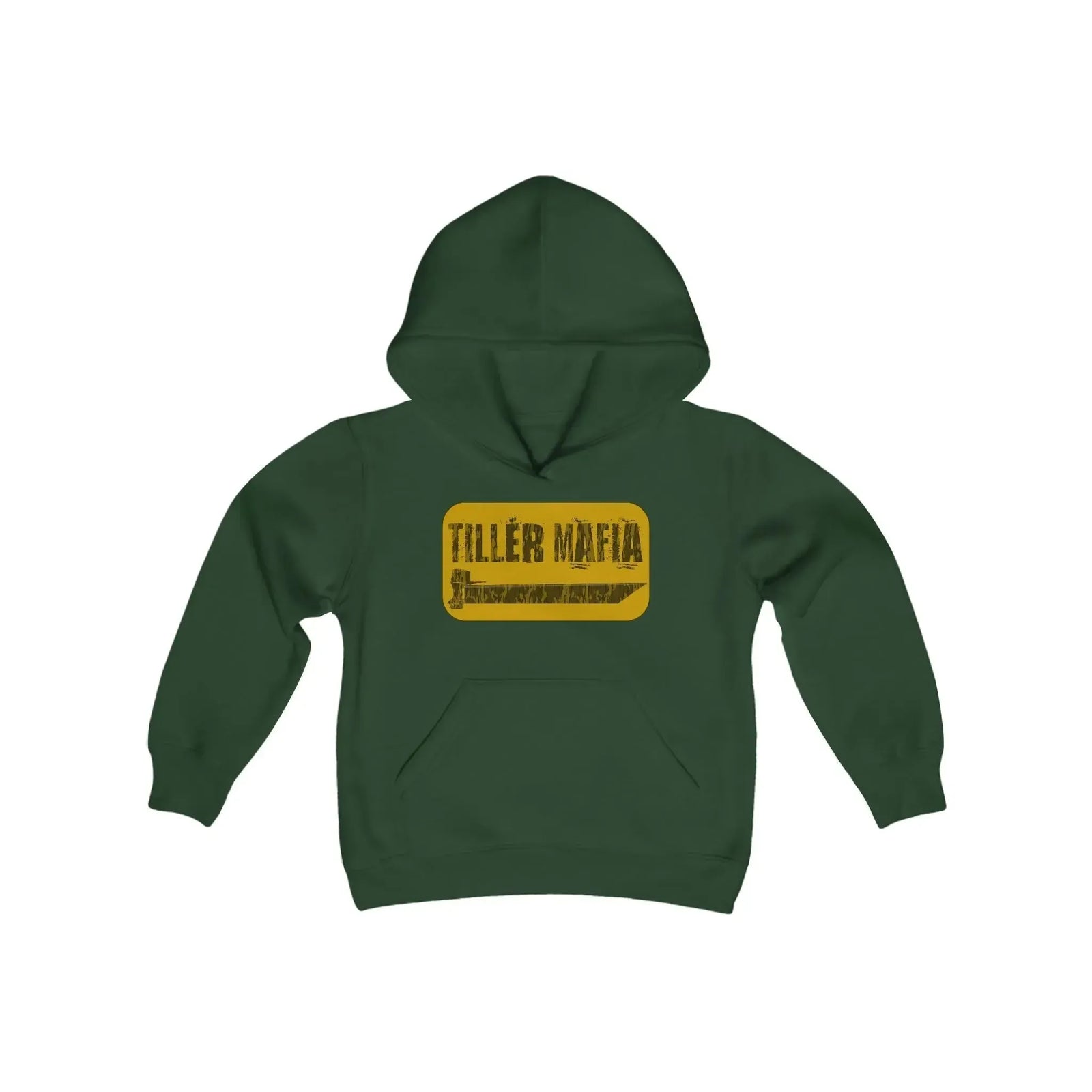 Youth Heavy Blend Hooded Sweatshirt in light gray with a "TILLER MAFIA" graphic and kangaroo pocket.
