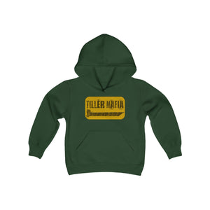 Youth forest green hooded sweatshirt with "TILLER MAFIA" graphic and kangaroo pocket.