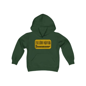 Youth forest green hooded sweatshirt with "TILLER MAFIA" graphic and kangaroo pocket.