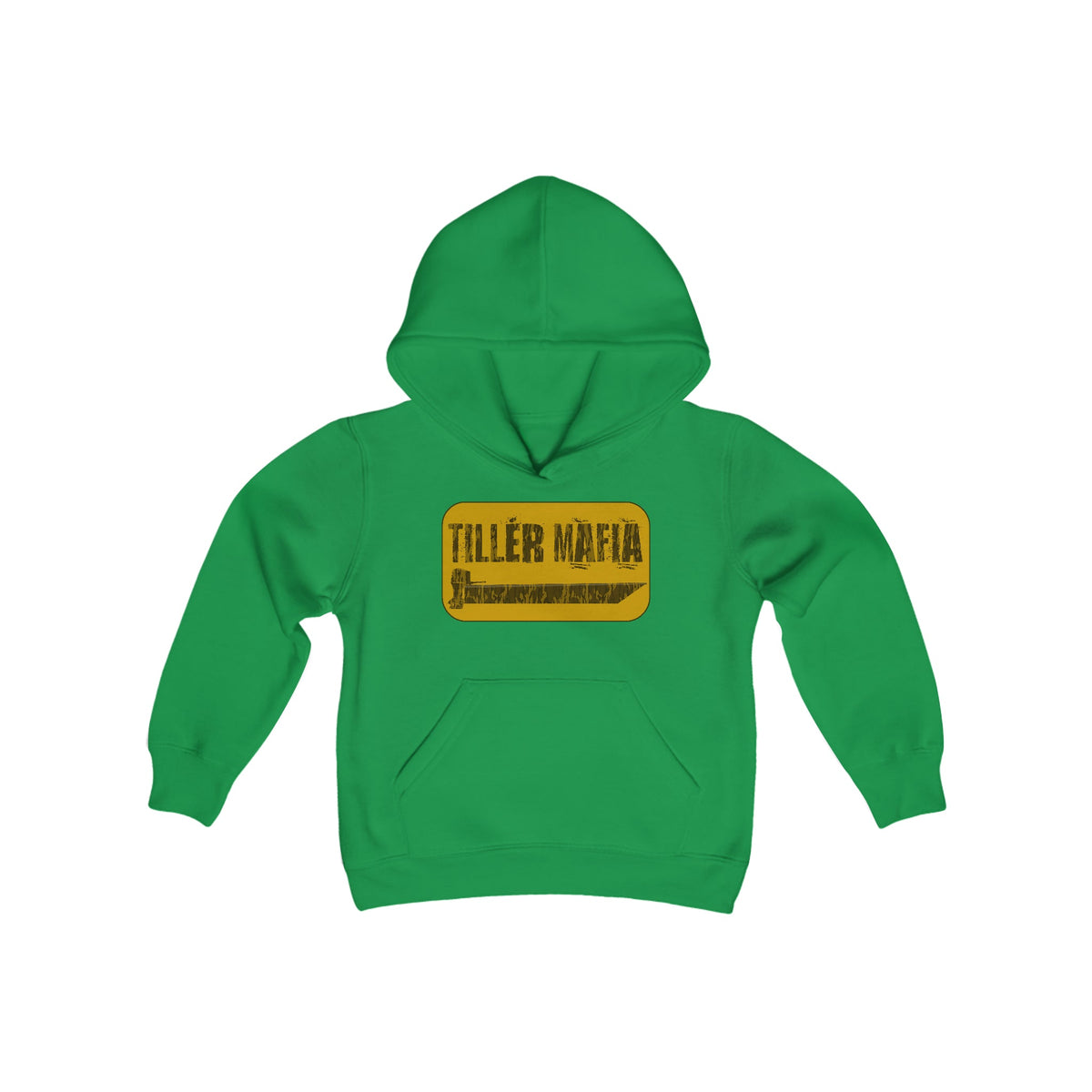 Youth green hooded sweatshirt with "TILLER MAFIA" in a yellow distressed box on the front and a kangaroo pocket.