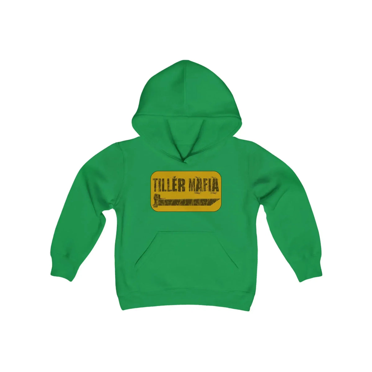Youth green hooded sweatshirt with "TILLER MAFIA" in a yellow distressed box on the front and a kangaroo pocket.