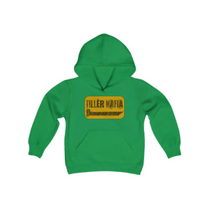Youth green hooded sweatshirt with "TILLER MAFIA" in a yellow distressed box on the front and a kangaroo pocket.