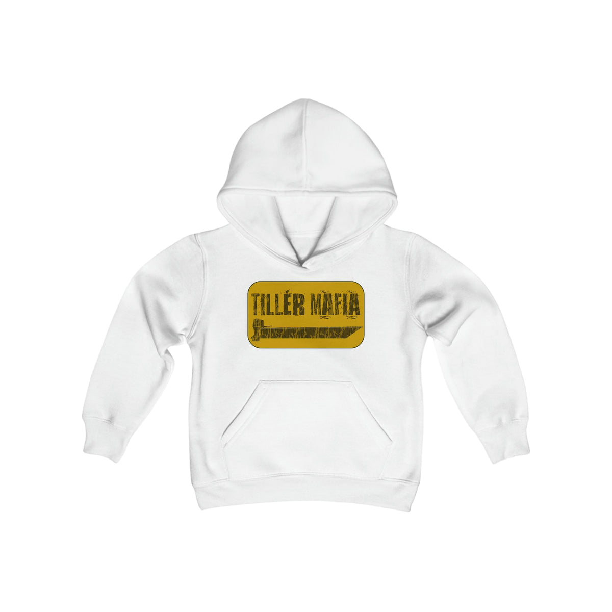 White youth hooded sweatshirt with "TILLER MAFIA" graphic and kangaroo pocket.