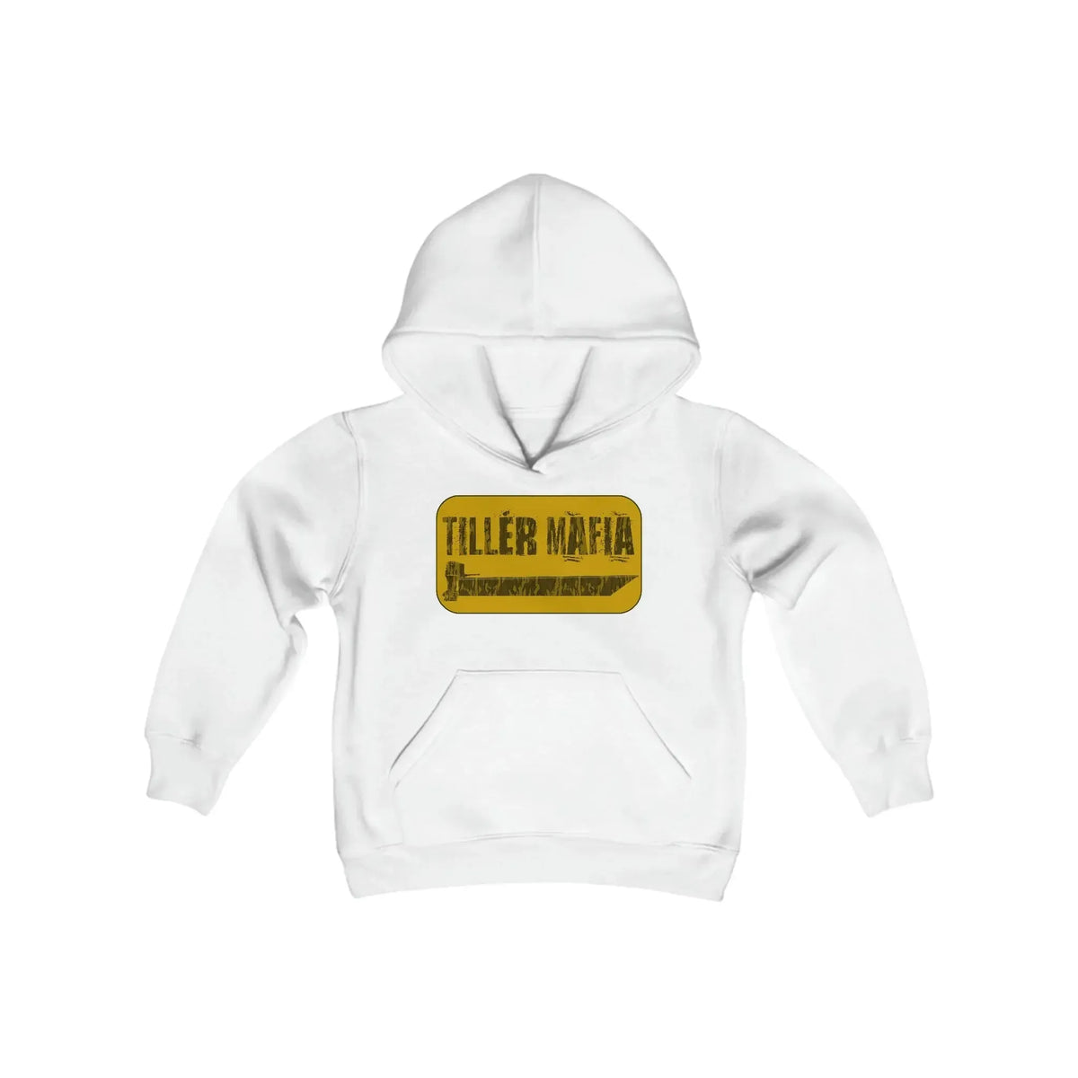White youth hooded sweatshirt with "TILLER MAFIA" graphic and kangaroo pocket.
