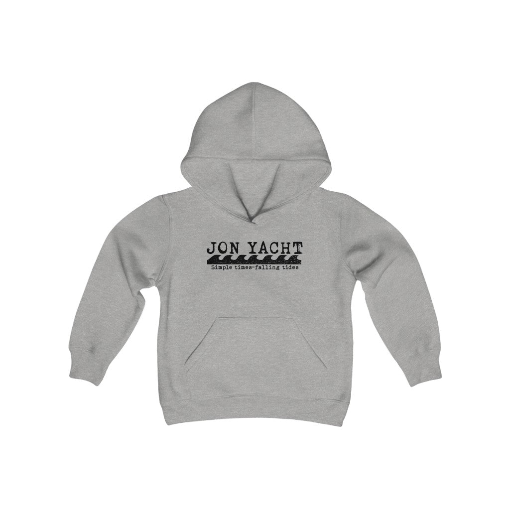 Youth Simple Times gray hooded sweatshirt with "JON YACHT simple times-falling tides" graphic and kangaroo pocket.